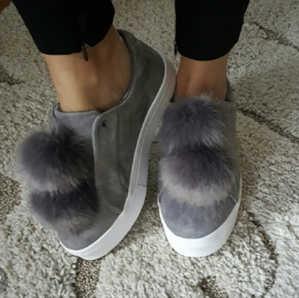 Sam Edelman Gray Fur-Trim Slip-On Sneakers